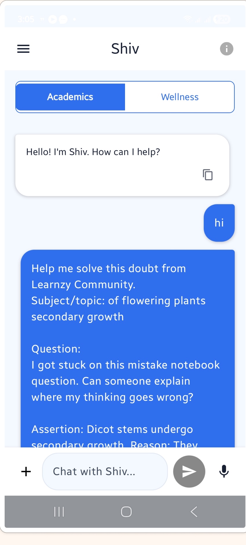 Shiv Academic mode with a student's question from Learnzy Community