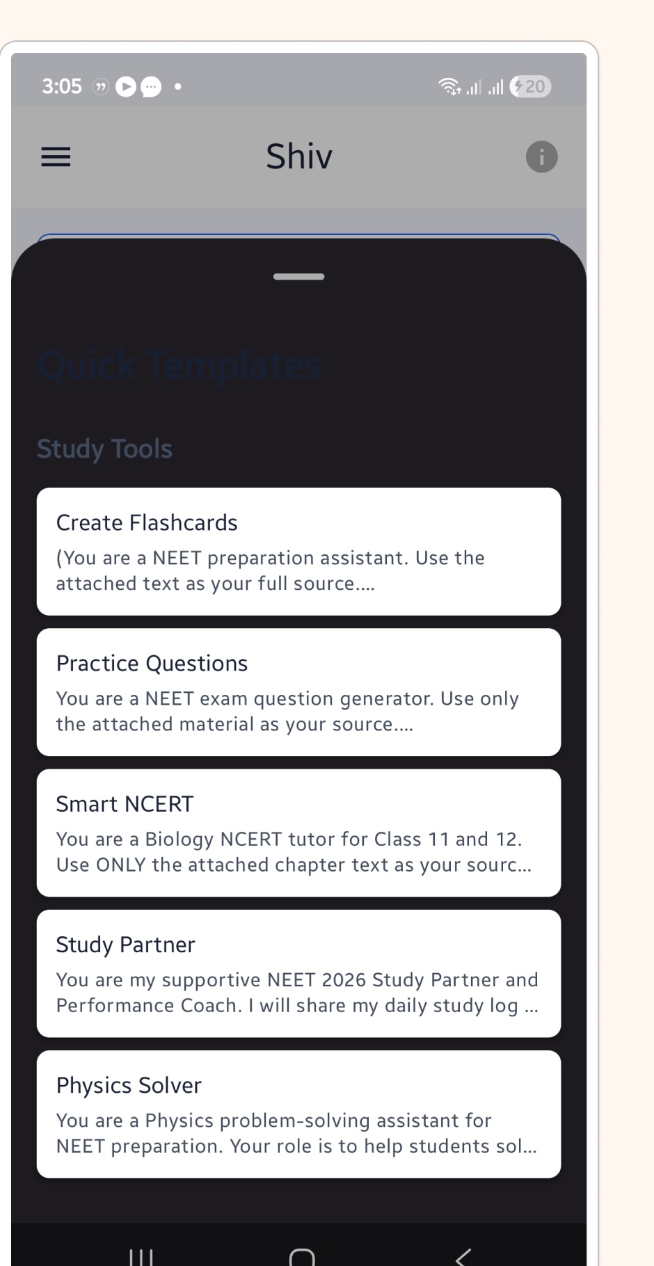 Shiv's Academic study tools: flashcards, practice questions, Smart NCERT, Study Partner and Physics Solver